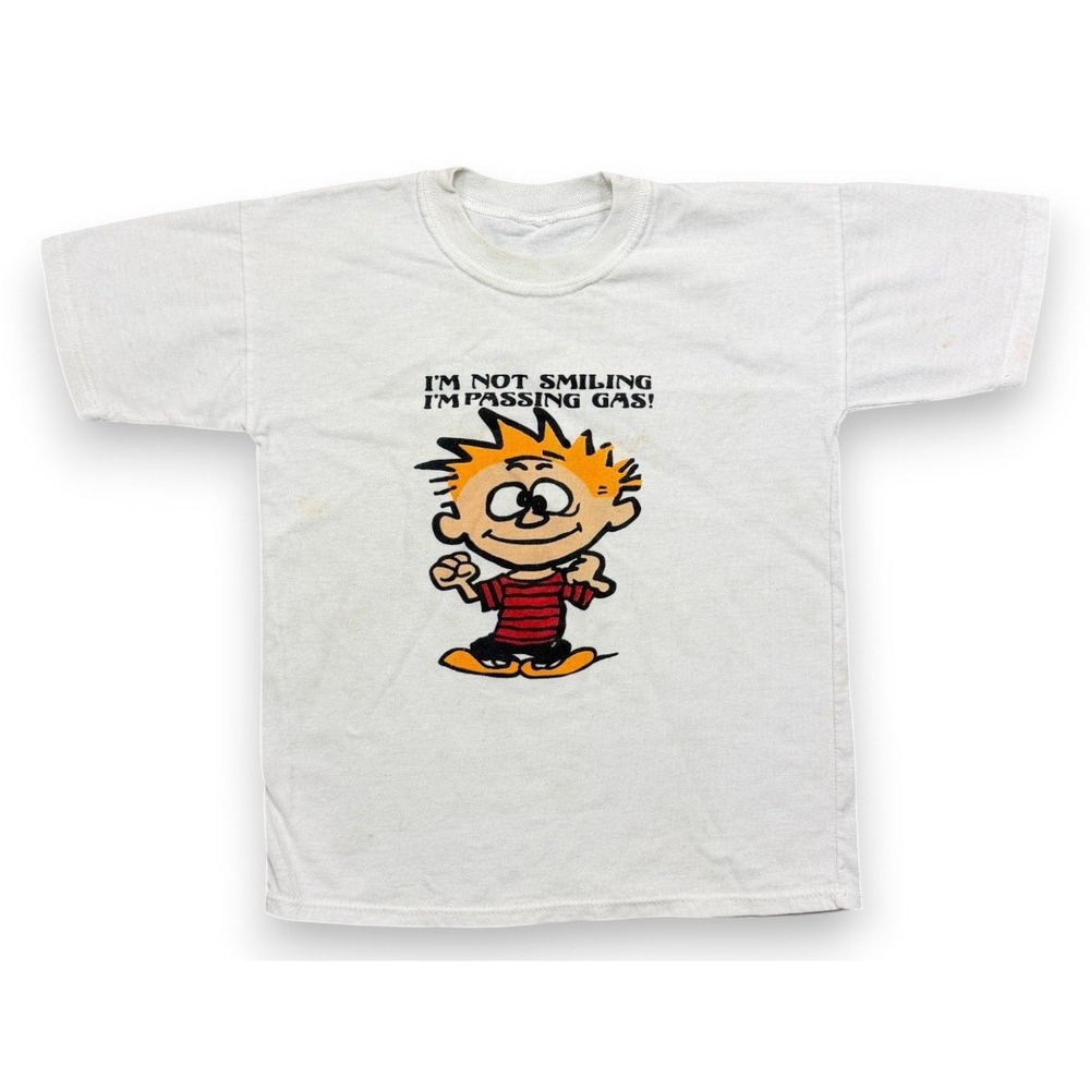 Vintage 90s Calvin Hobbes T Shirt Boys Kids S White Passing Gas Funny Tee USA